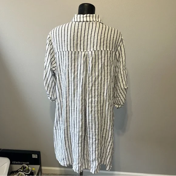 Striped Linen Button-Up Shirt - White & Blue - Picture 5 of 7